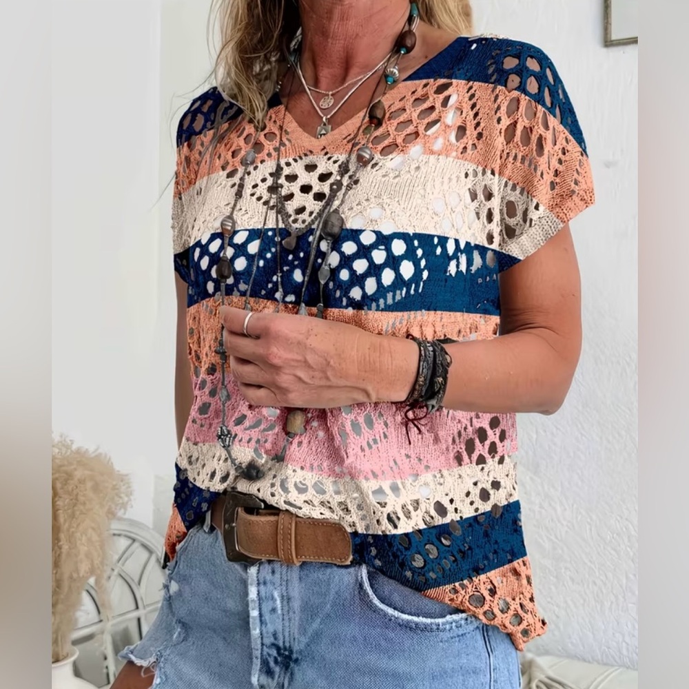 SALE, TODAY ONLY! PRICE FIRM! Boho Summer Open Knit Colorblock Sweater - Picture 2 of 3